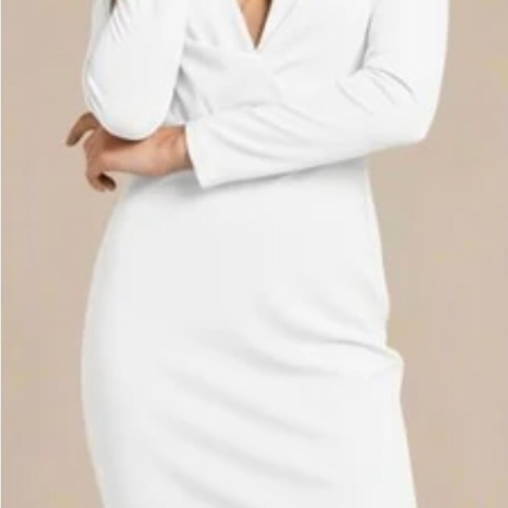 Long-Sleeve White V-Neck Midi Sheath Dress